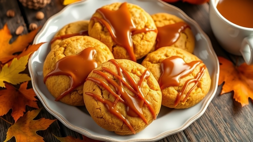 Soft caramel pumpkin cookies with a caramel drizzle on a rustic plate, surrounded by autumn leaves and a coffee cup.